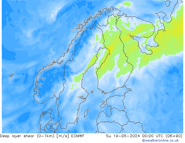 Deep layer shear (0-1km) ECMWF zo 19.05.2024 00 UTC