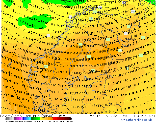 Height/Temp. 925 hPa ECMWF śro. 15.05.2024 12 UTC