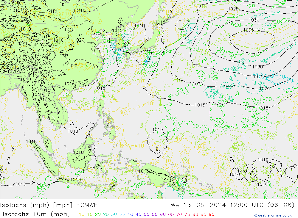 Isotachen (mph) ECMWF wo 15.05.2024 12 UTC