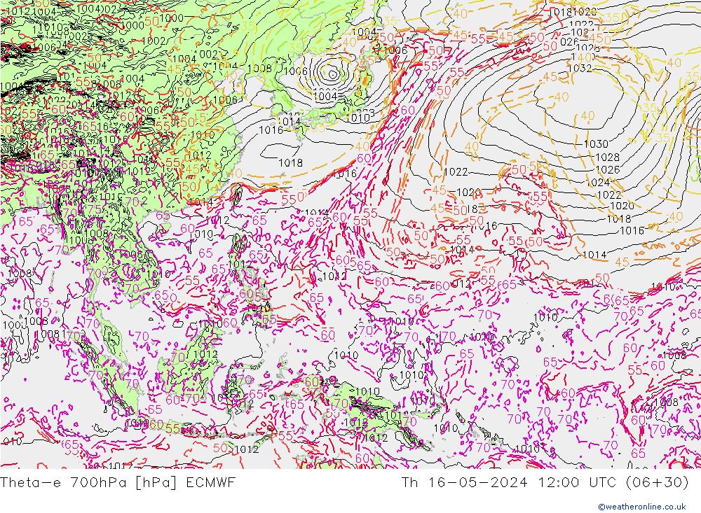 Theta-e 700hPa ECMWF Th 16.05.2024 12 UTC