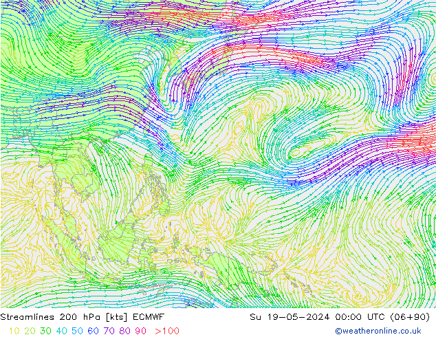 Ligne de courant 200 hPa ECMWF dim 19.05.2024 00 UTC