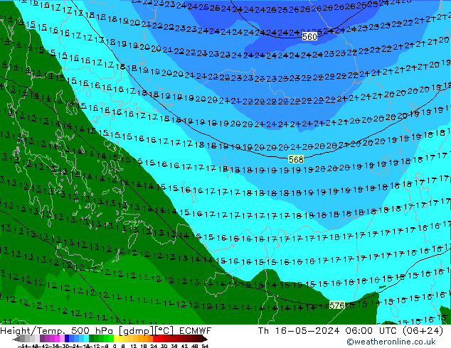 Z500/Rain (+SLP)/Z850 ECMWF Do 16.05.2024 06 UTC