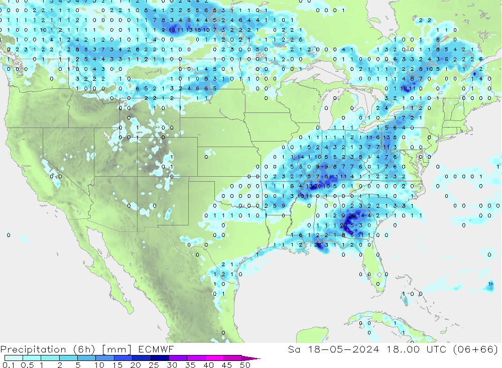 осадки (6h) ECMWF сб 18.05.2024 00 UTC