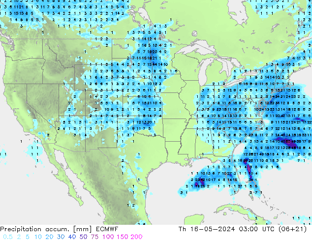 Precipitation accum. ECMWF Čt 16.05.2024 03 UTC