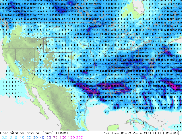 Precipitation accum. ECMWF Dom 19.05.2024 00 UTC