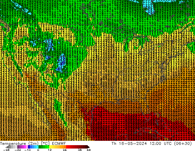 Temperatura (2m) ECMWF Qui 16.05.2024 12 UTC