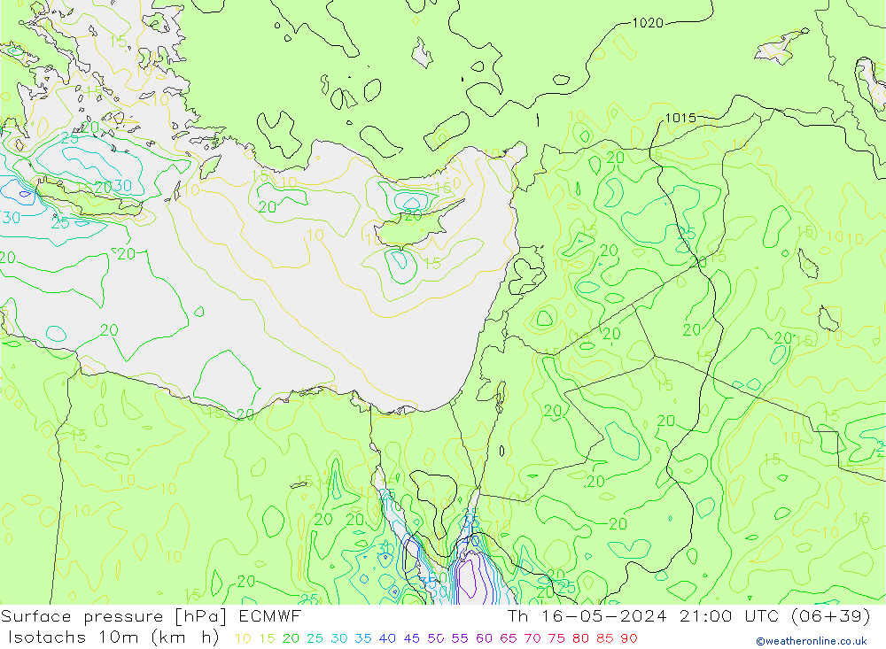 Isotachen (km/h) ECMWF do 16.05.2024 21 UTC