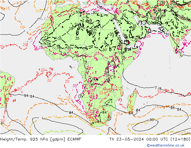 Yükseklik/Sıc. 925 hPa ECMWF Per 23.05.2024 00 UTC