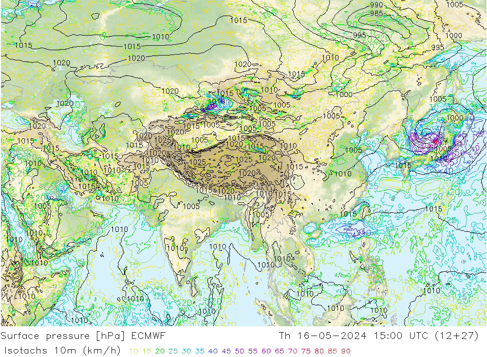 Isotachs (kph) ECMWF Qui 16.05.2024 15 UTC