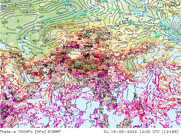 Theta-e 700hPa ECMWF Ne 19.05.2024 12 UTC