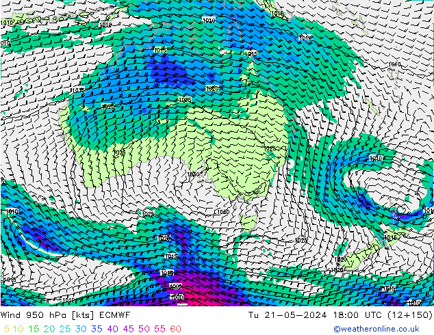 Wind 950 hPa ECMWF di 21.05.2024 18 UTC
