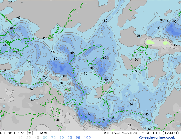 RH 850 hPa ECMWF mer 15.05.2024 12 UTC