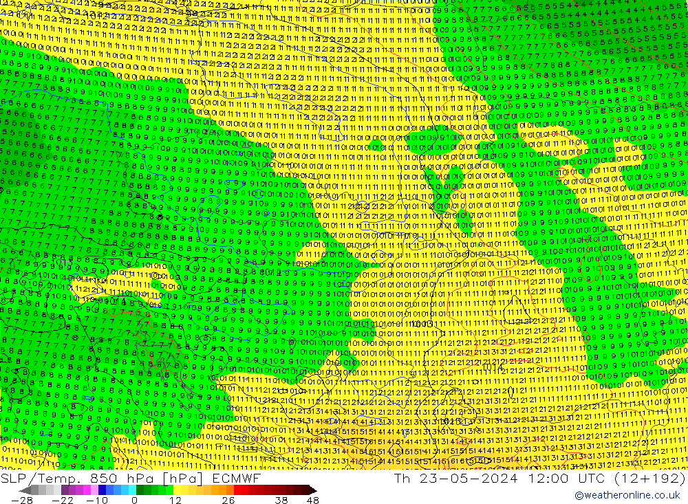 SLP/Temp. 850 гПа ECMWF чт 23.05.2024 12 UTC