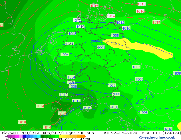 Thck 700-1000 гПа ECMWF ср 22.05.2024 18 UTC