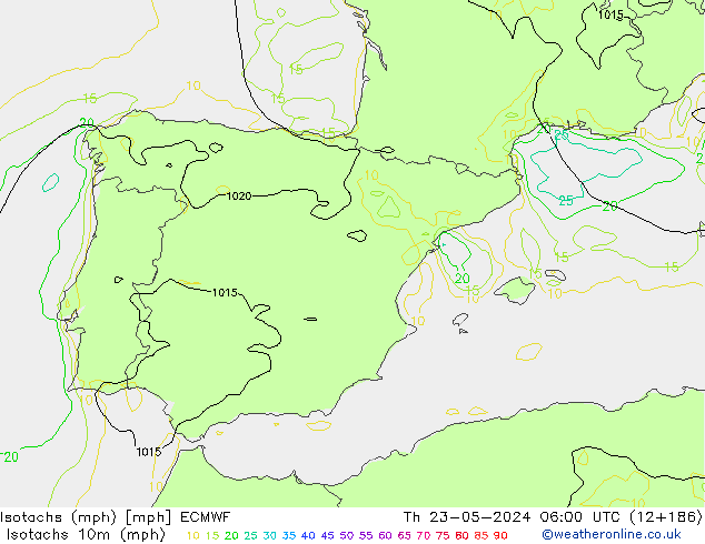 Isotachen (mph) ECMWF do 23.05.2024 06 UTC