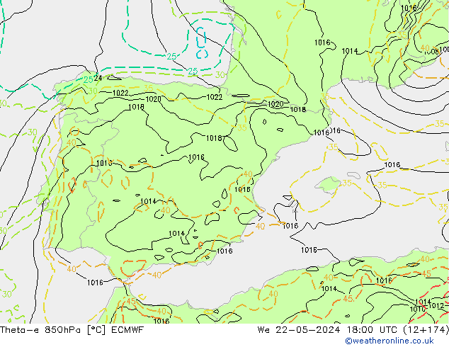 Theta-e 850hPa ECMWF Qua 22.05.2024 18 UTC