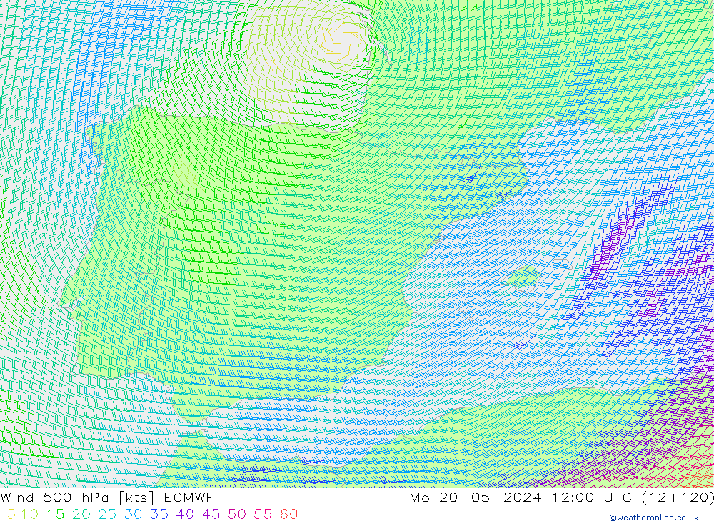 Vento 500 hPa ECMWF lun 20.05.2024 12 UTC