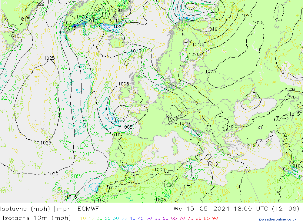 Isotaca (mph) ECMWF mié 15.05.2024 18 UTC