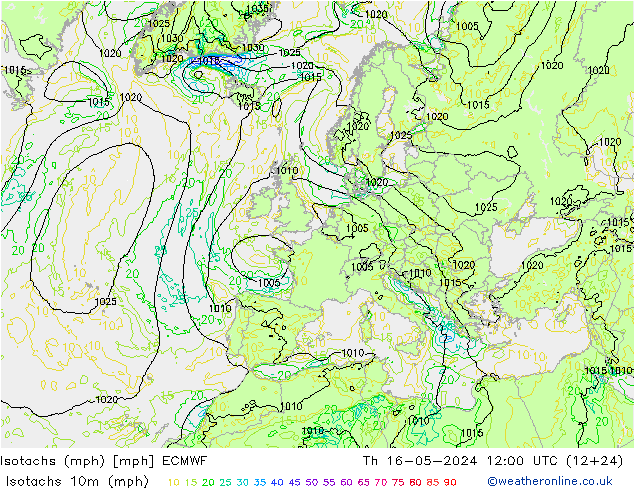 Isotachs (mph) ECMWF чт 16.05.2024 12 UTC