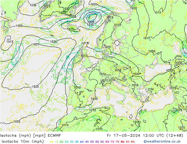 Isotachen (mph) ECMWF vr 17.05.2024 12 UTC