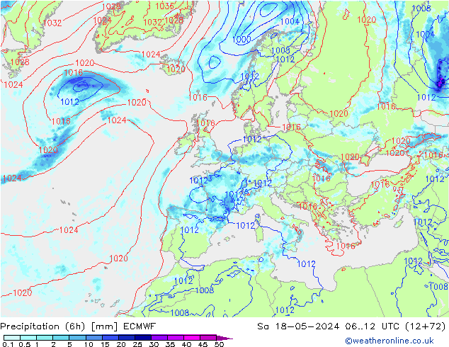 Precipitation (6h) ECMWF Sa 18.05.2024 12 UTC