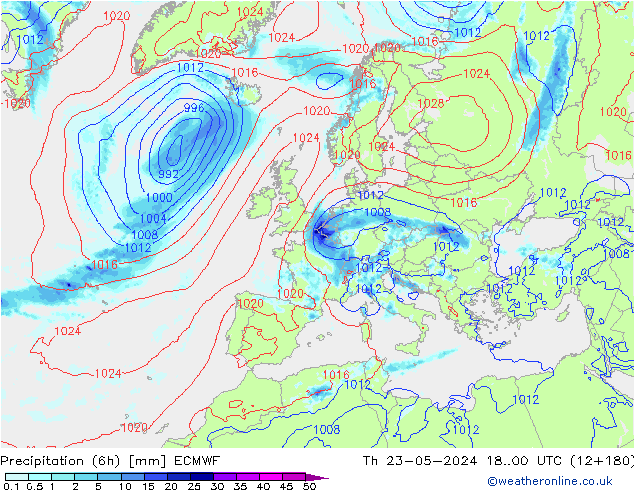 Z500/Rain (+SLP)/Z850 ECMWF Do 23.05.2024 00 UTC