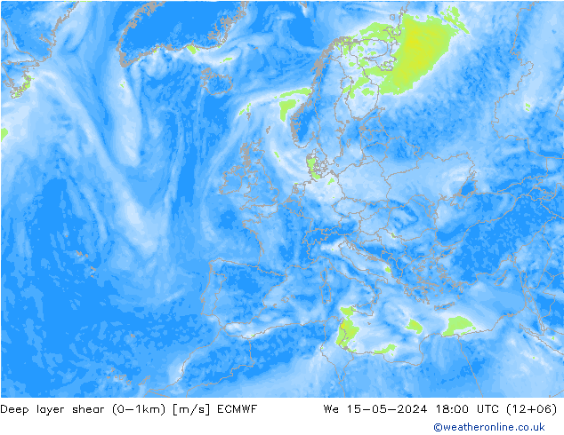 Deep layer shear (0-1km) ECMWF ср 15.05.2024 18 UTC