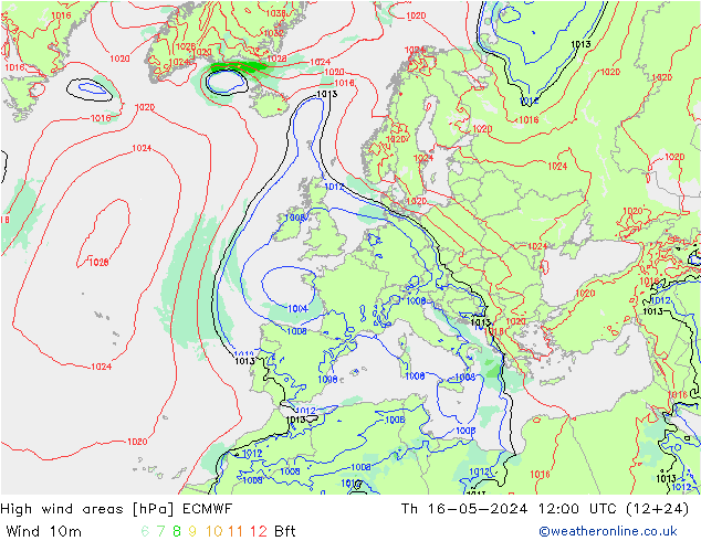 High wind areas ECMWF Čt 16.05.2024 12 UTC