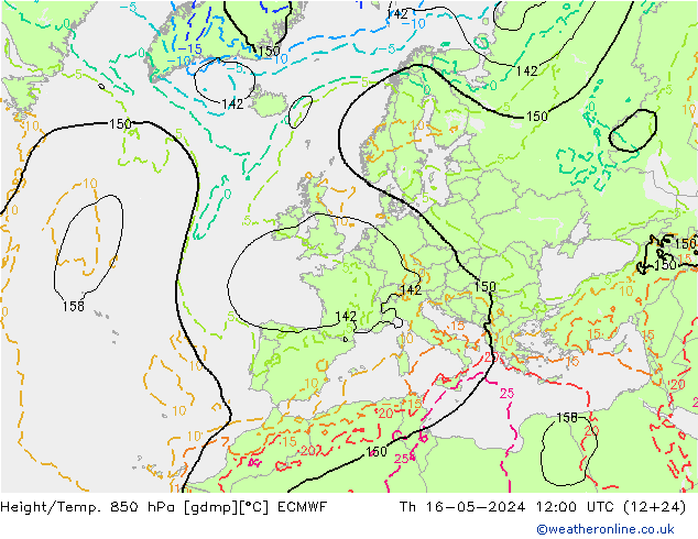 Height/Temp. 850 hPa ECMWF czw. 16.05.2024 12 UTC