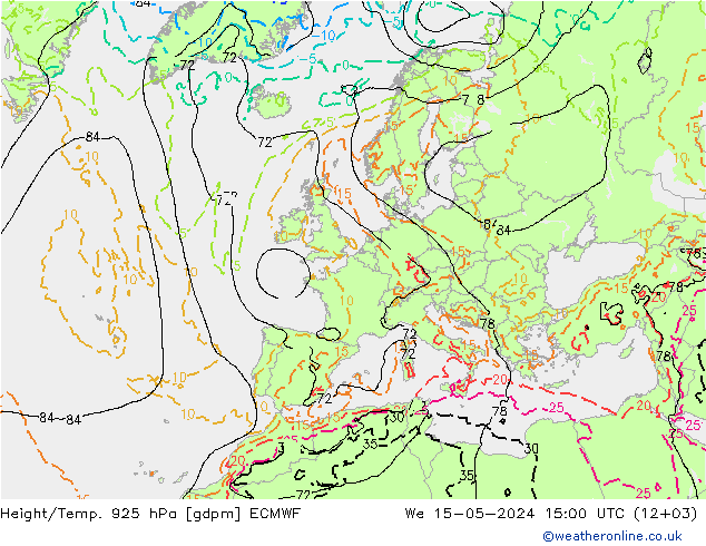 Height/Temp. 925 hPa ECMWF mer 15.05.2024 15 UTC