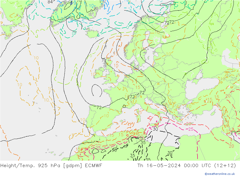 Height/Temp. 925 hPa ECMWF Th 16.05.2024 00 UTC