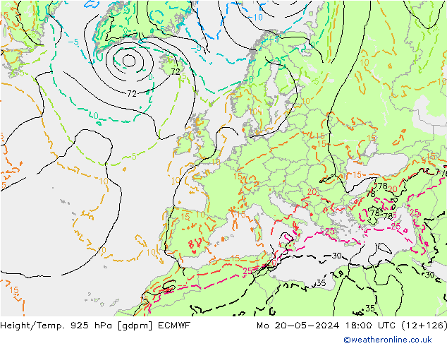 Height/Temp. 925 hPa ECMWF Mo 20.05.2024 18 UTC