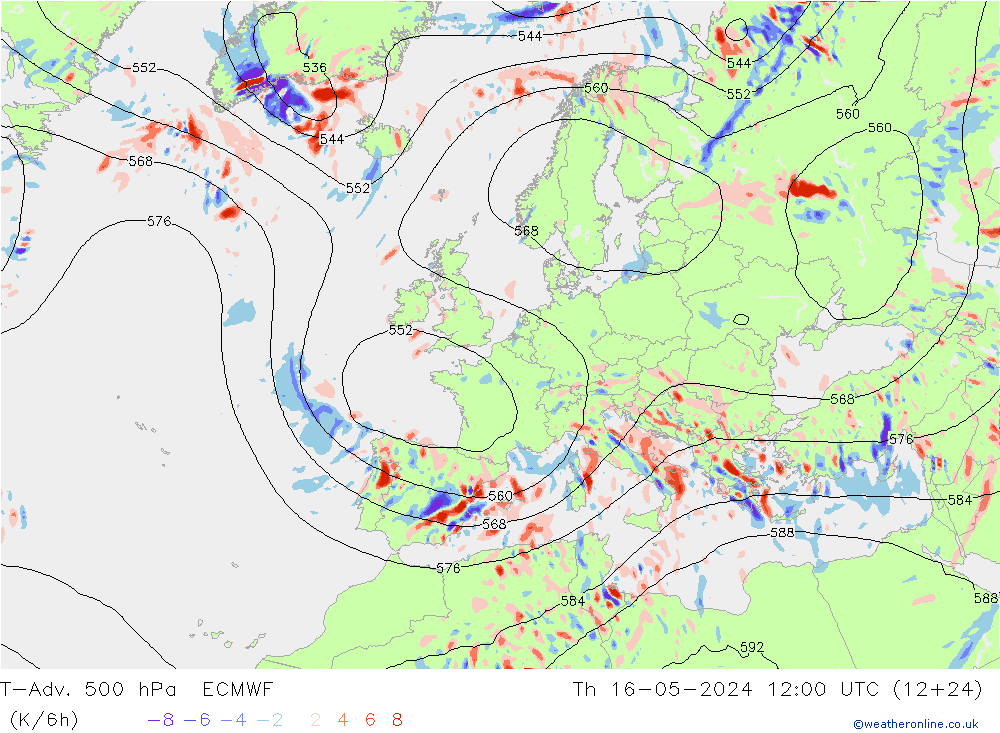 T-Adv. 500 hPa ECMWF Qui 16.05.2024 12 UTC