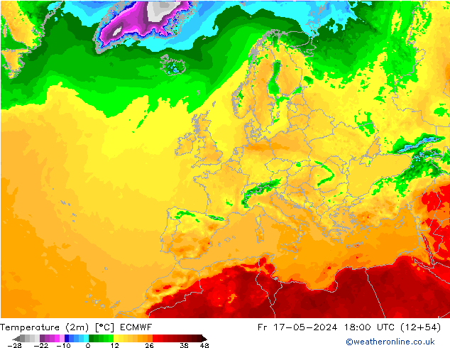 Temperatura (2m) ECMWF Sex 17.05.2024 18 UTC