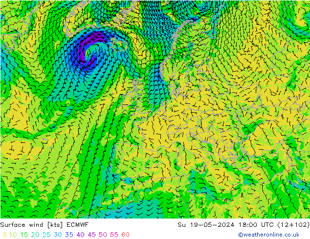 Surface wind ECMWF Su 19.05.2024 18 UTC