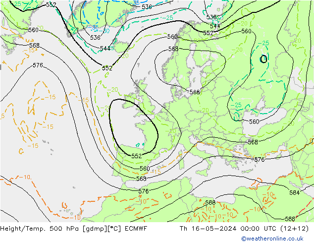 Height/Temp. 500 hPa ECMWF Do 16.05.2024 00 UTC