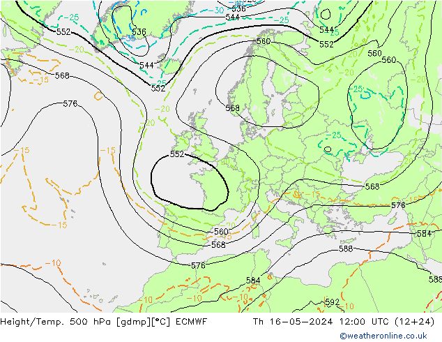 Geop./Temp. 500 hPa ECMWF jue 16.05.2024 12 UTC