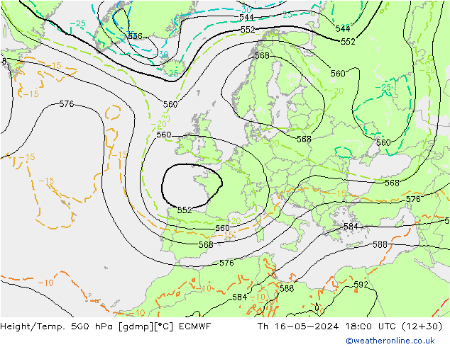 Geop./Temp. 500 hPa ECMWF jue 16.05.2024 18 UTC