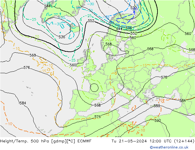 Z500/Rain (+SLP)/Z850 ECMWF Út 21.05.2024 12 UTC