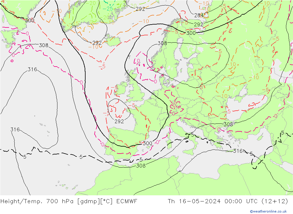 Height/Temp. 700 hPa ECMWF Do 16.05.2024 00 UTC