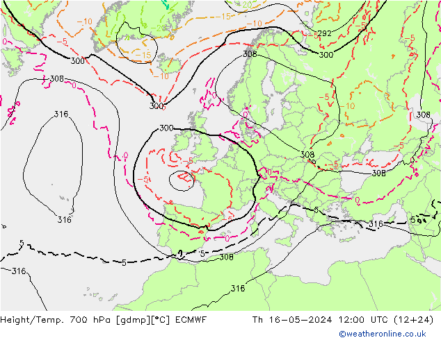 Geop./Temp. 700 hPa ECMWF jue 16.05.2024 12 UTC