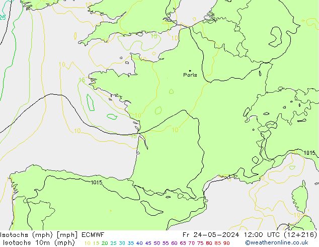 Isotachs (mph) ECMWF Fr 24.05.2024 12 UTC