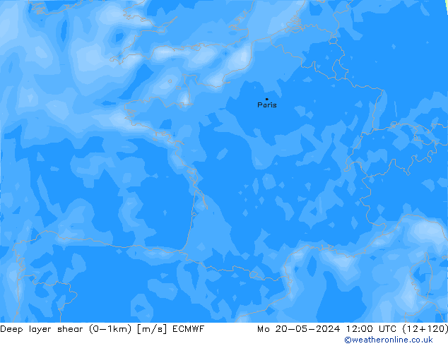Deep layer shear (0-1km) ECMWF Pzt 20.05.2024 12 UTC