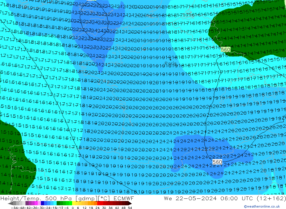 Z500/Yağmur (+YB)/Z850 ECMWF Çar 22.05.2024 06 UTC