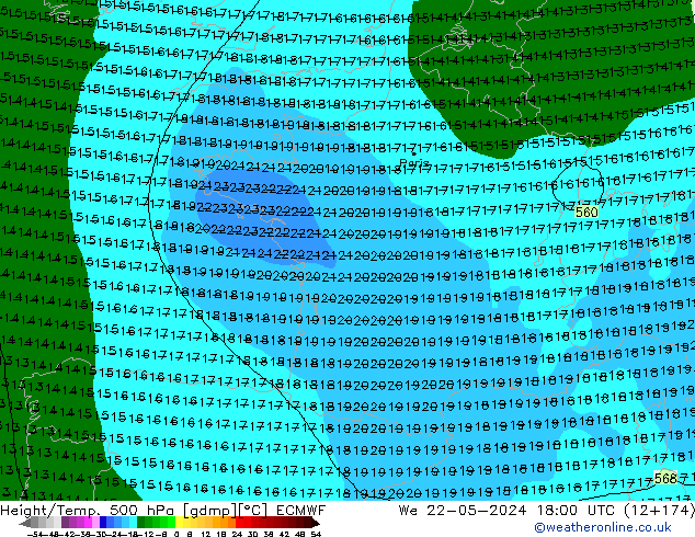 Z500/Regen(+SLP)/Z850 ECMWF wo 22.05.2024 18 UTC