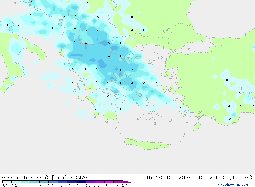 Precipitation (6h) ECMWF Čt 16.05.2024 12 UTC