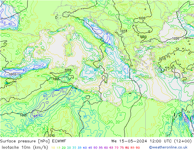 Isotachs (kph) ECMWF  15.05.2024 12 UTC