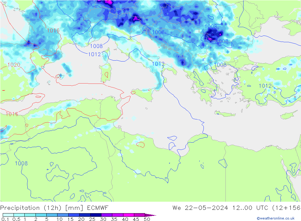 Totale neerslag (12h) ECMWF wo 22.05.2024 00 UTC