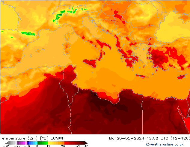 Temperatuurkaart (2m) ECMWF ma 20.05.2024 12 UTC