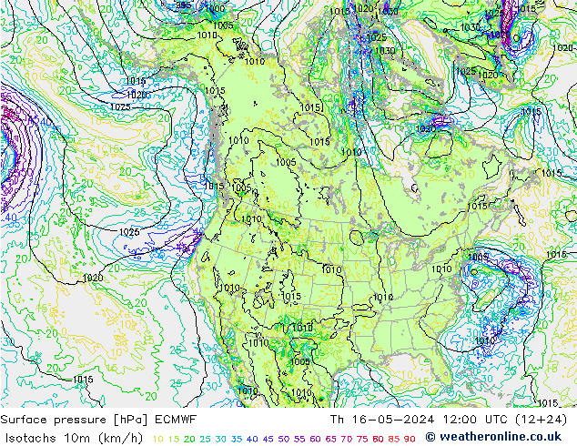 Isotachen (km/h) ECMWF do 16.05.2024 12 UTC